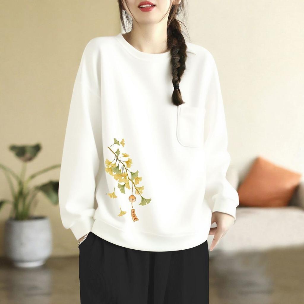 Pullover mit Tasche Sweatshirt Damen Herbst und Winter Neu Literarisch Westlicher Stil Vielseitiges Oberteil