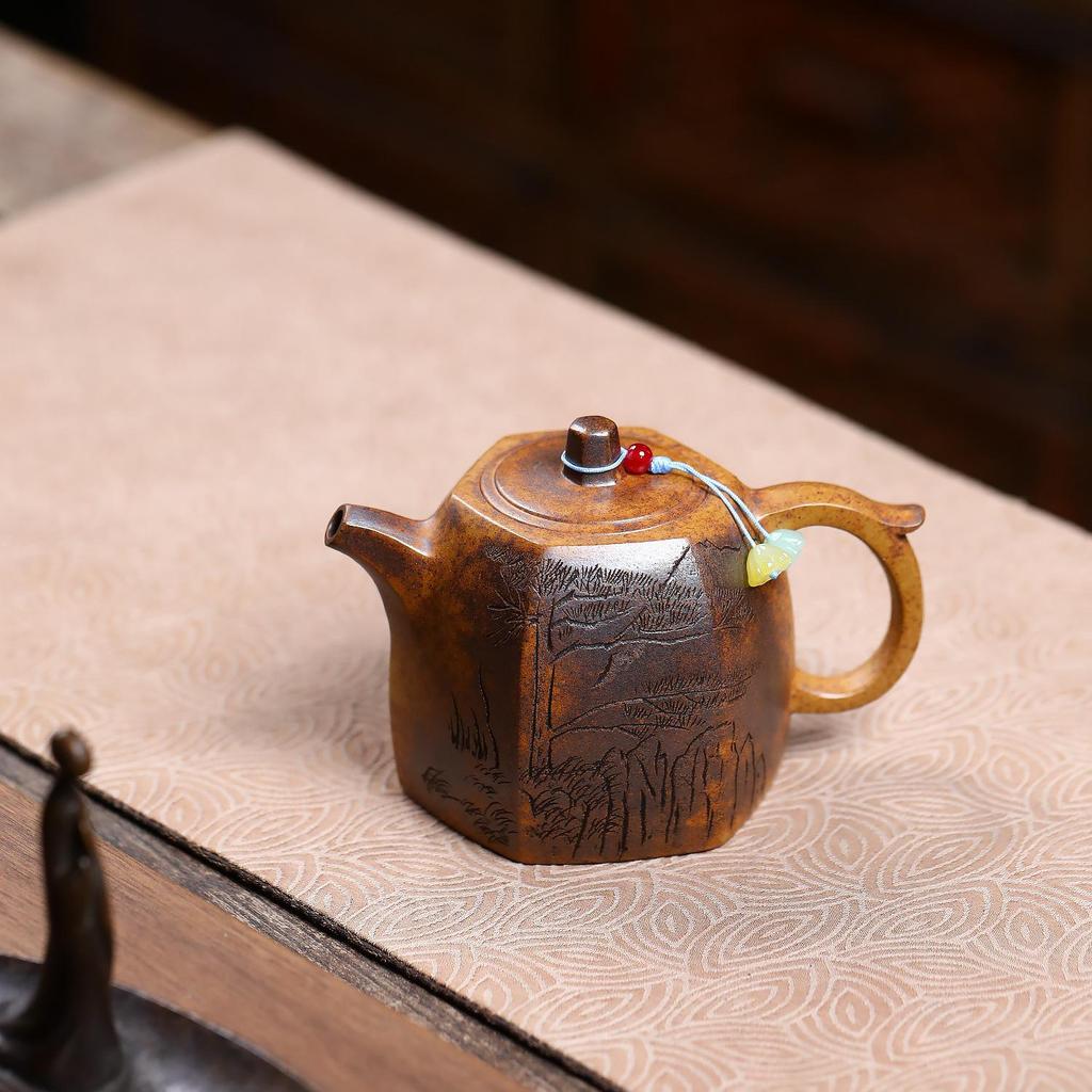 Yixing Zisha Teapot: Semi-Handmade Hexagonal Pine Carving with High Temperature Gold Sand Finish