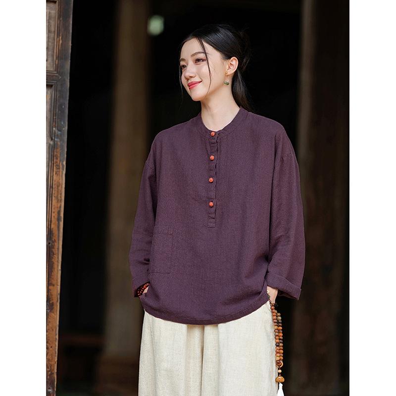 Spring/Autumn New Chinese Style Cotton Linen Women's Stand Collar Pullover Long Sleeve Shirt - Retro, Literary, and National Style Temperament.