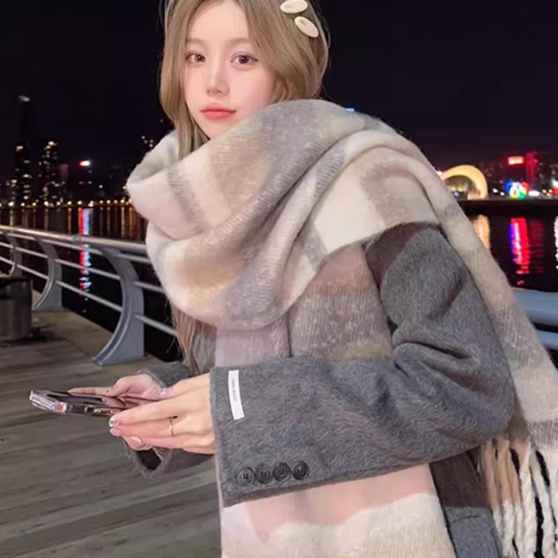 New Winter Faux Cashmere Ladies Scarf Wearable Blanket Thickened Warm Plaid Scarf High-end Korean Version Of Thickened Shawl