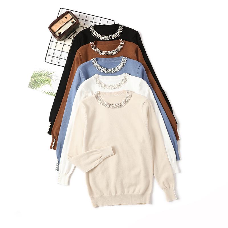 Korean Style Beaded Pullover Sweater for Women - Autumn/Winter Round Neck, Long Sleeve, Loose Fit, Slimming Knitwear, Elegant Base Layer Top
