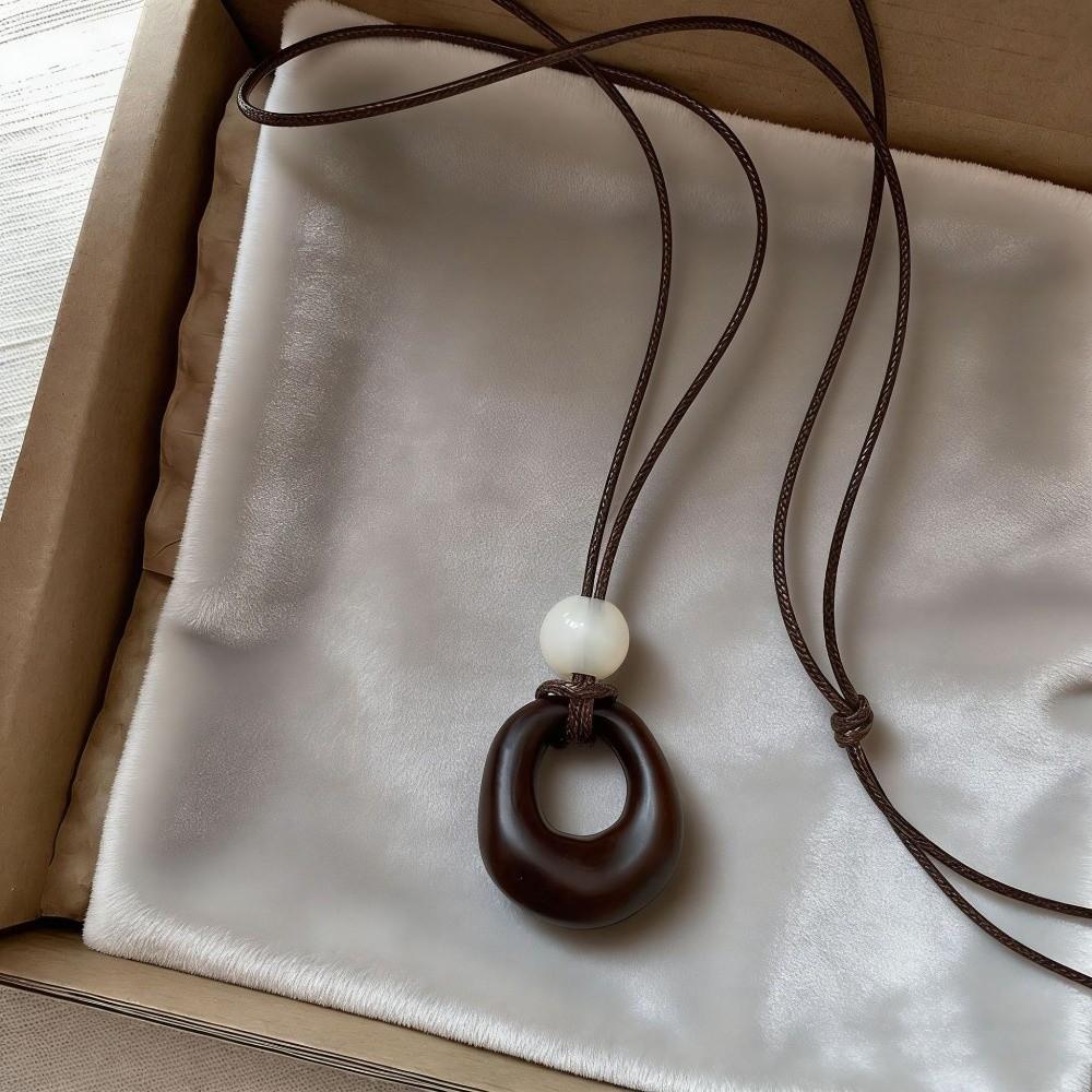 Leather Rope Geometric Pendant Necklace Adjustable Length Sweater Chain  Women