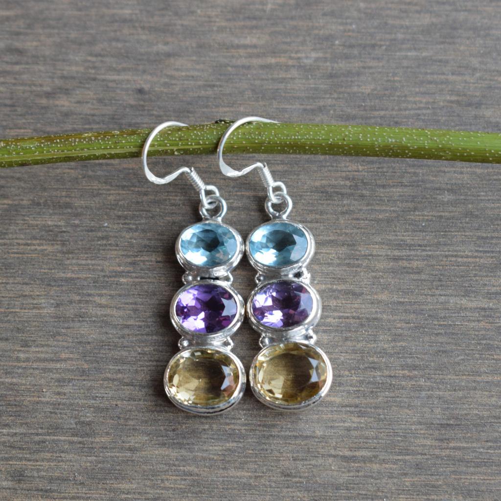 Blue Topaz Amethyst Citrine Earrings, 925 Sterling Silver, Gemstone Dangle Earrings