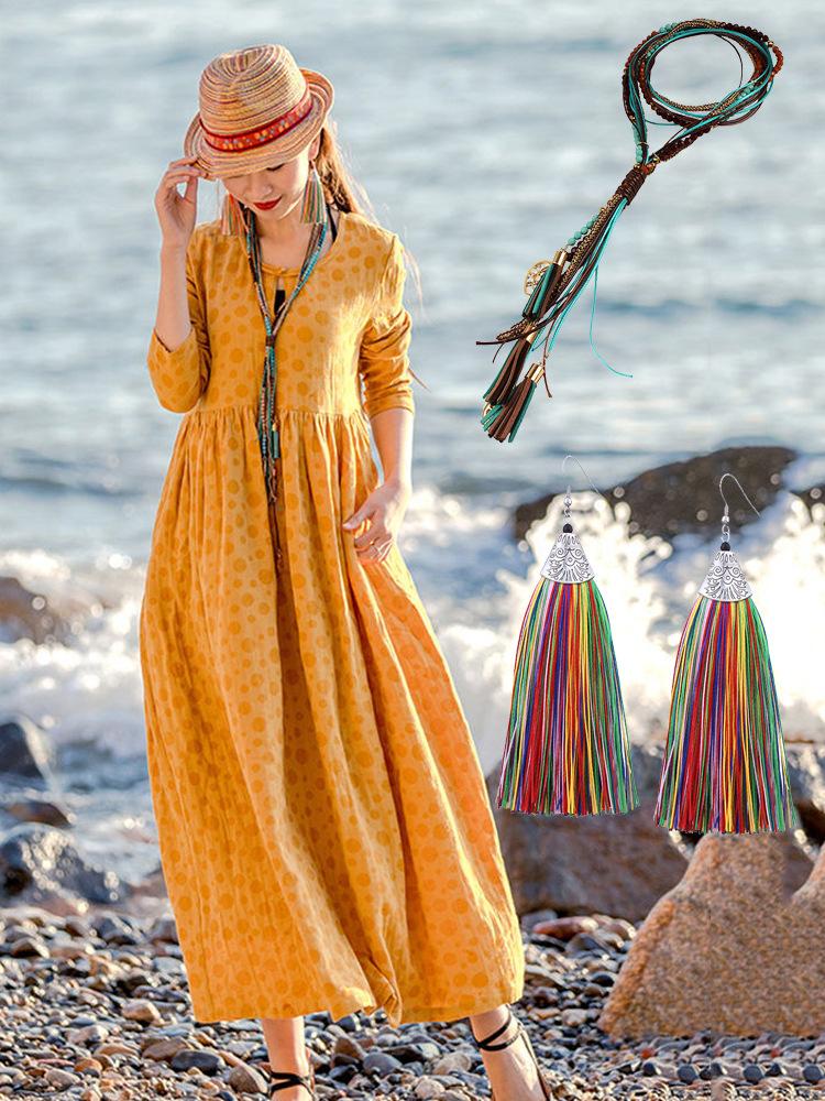 Bohemian Long Red Necklace Set, Ethnic Performance Earrings, Yunnan Seaside Travel Accessories Women