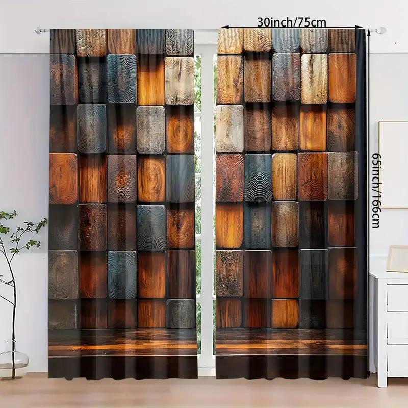 2 Stück mehrtexturierte Block-Patchwork-Druckvorhänge   Stangentaschenvorhänge   Heimdekoration   Raumdekoration