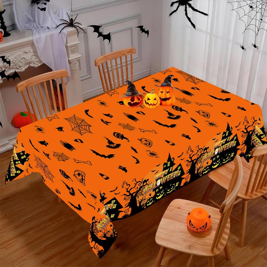 Halloween Tablecloth Orange Black Horror Ghost Table Cover Happy for Trick or Treat Theme Home Decoration