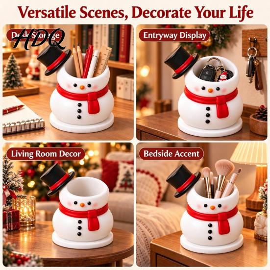 Holiday Home Decoration Cute Snowman Storage Container Durable Resin Makeup Brush Holder Entryway Key Tray Decorative Pen Holder for Office Tabletop
