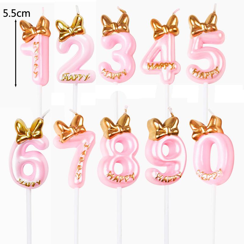 1pc Pink Numbered Birthday Candles Golden Bow Cake Decoration for Children boys Girls Teenage Birthday Baking Decoration Plugins