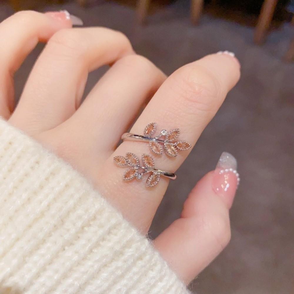 Silver Color Wheat Ear Leaf Rings Gold Color Leaves Ring New Zircon Rose Flower Rings  Party Rings