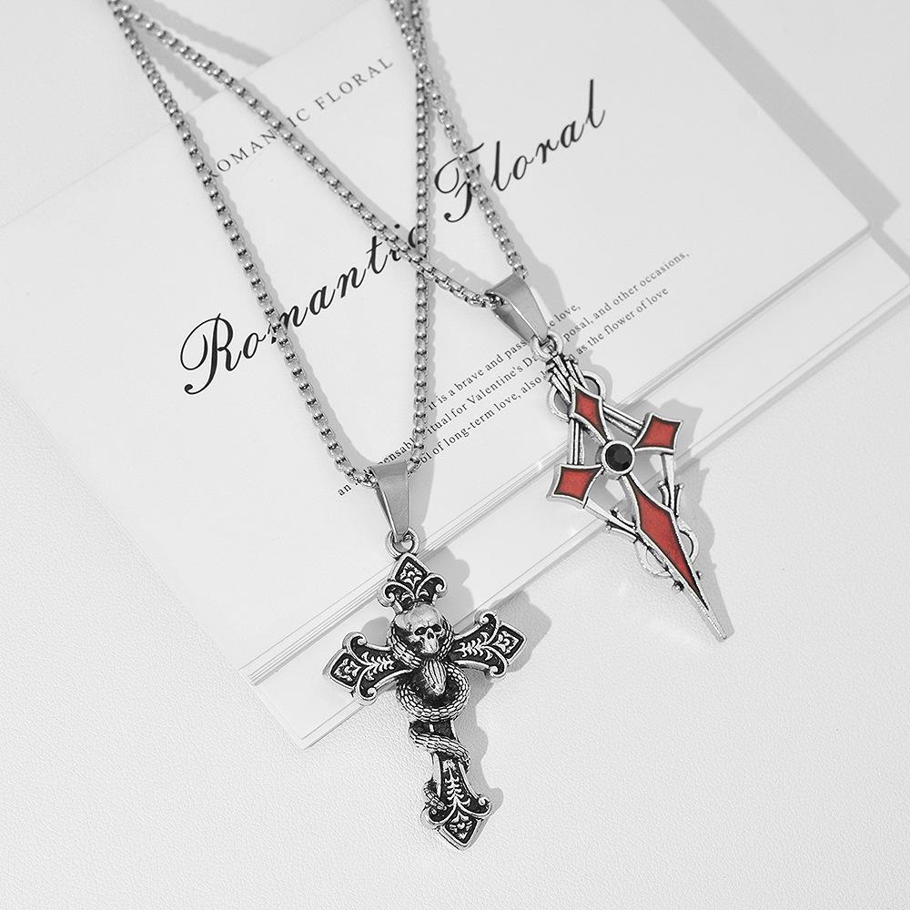 Red Diamond Cross Skull Cross Pendant Necklace Dark Wind Men's and Women's Same High-end Jewelry