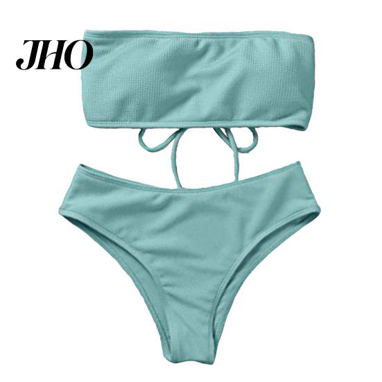 Bikini Set 1 Women Beach Suit with Chest Pad No Underwire Solid Color Elastic Female Bandeau High Waist Bathing Two-piece Swimming Trunks Split