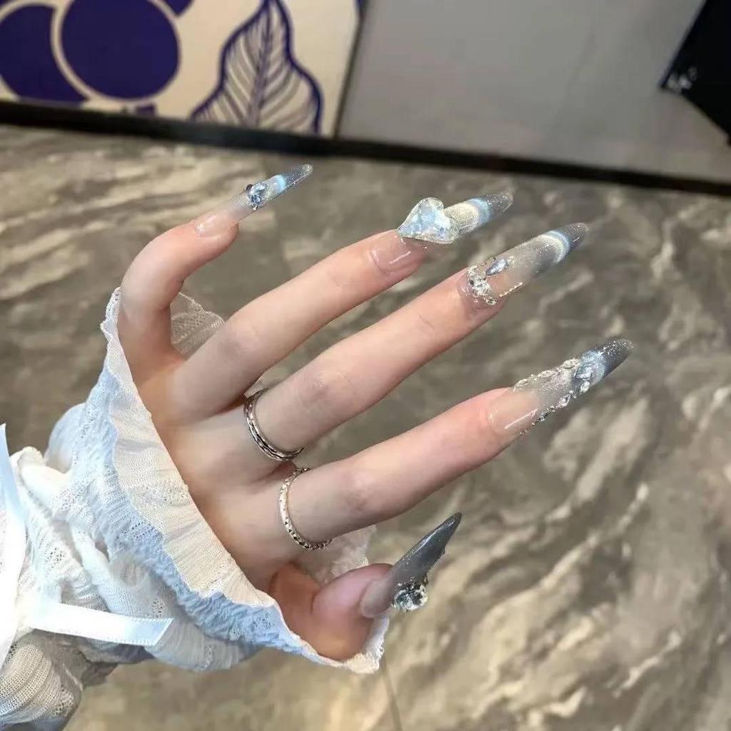 Removable Temperament Blue French Cat-Eye Skin-Whitening Wearable Nails