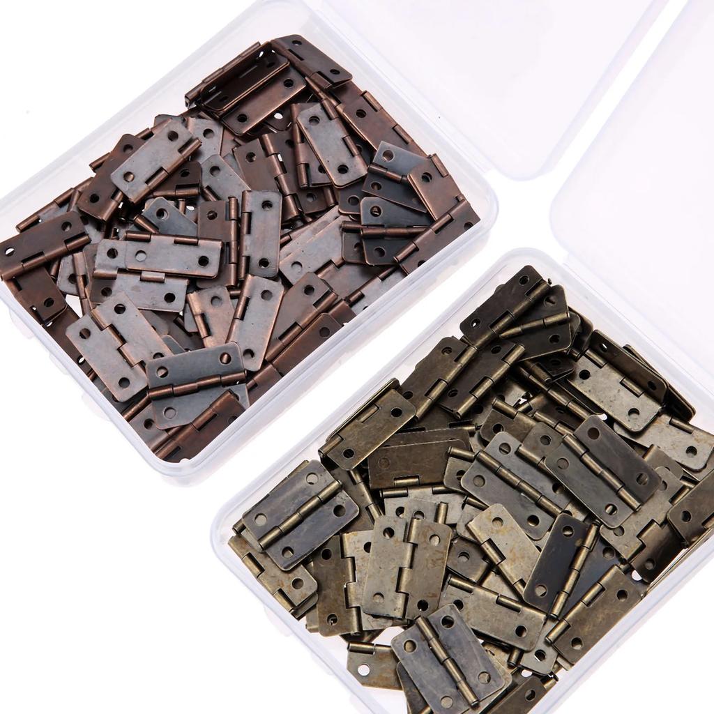 50Pcs 25*18mm Iron Jewelry Wood Boxes Cabinet Door Furniture Hinges Set Mini Decorative Hinge with Storage Box & 200Pcs Screws