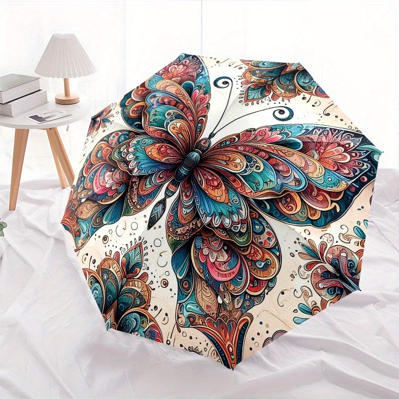 Butterfly, Mandala Theme Automatic Open/Close Umbrella, Portable 3 Fold Compact Umbrella for Men & Women, Valentine's Day Mother's Day Gift0725063