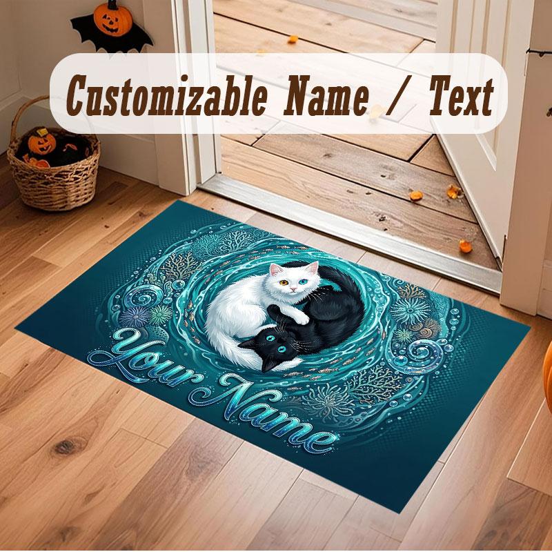 Cat Theme Crystal Velvet Floor Rug Personalized Custom Name Text Warm Carpet Home Decoration