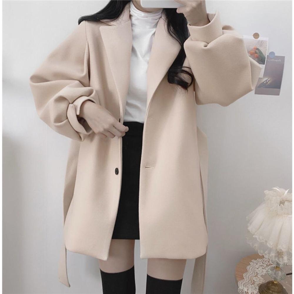 Turndown Collar Trench Women Coat Windbreaker Fitted Clothes Femme Loose Cloak Woolen Single-breasted Coat Outwear