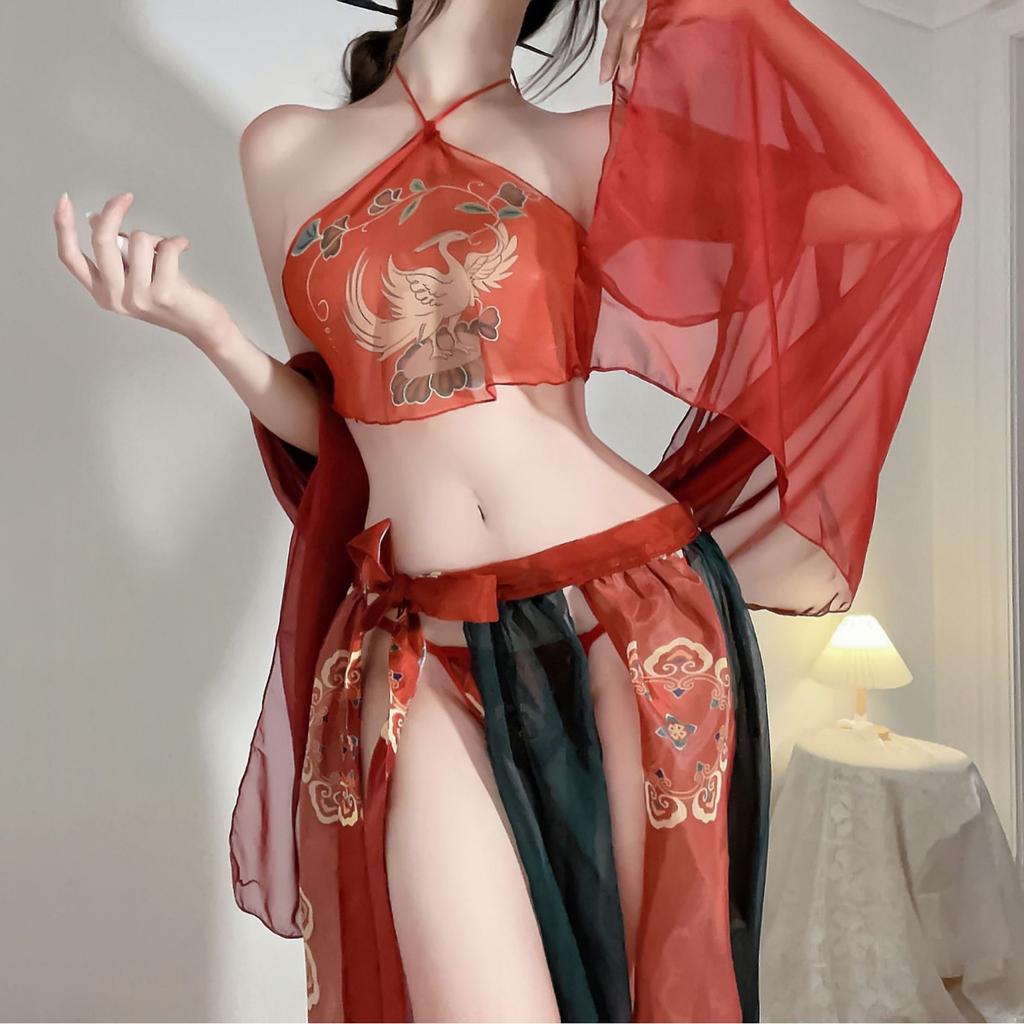 New antique Dunhuang Feitian Exotic Hanfu Uniform Suit Sex Underwear Sexy Printed Perspective Belly Pocket