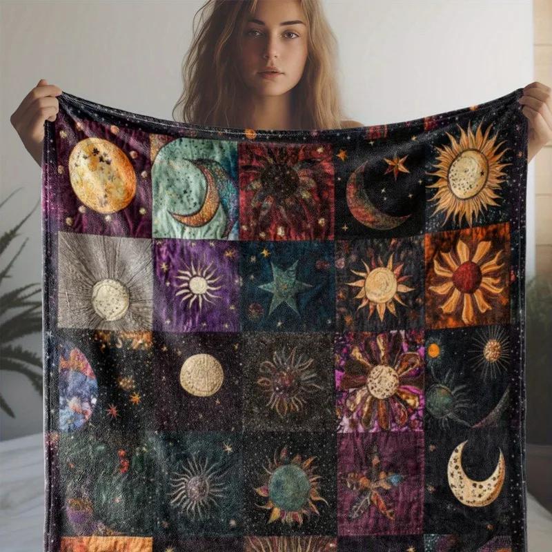 1 Stück Vintage Sonne und Mond Druck Flanelldecke Weich Gemütlich Ganzjahres Überwurf für Sofa Bett Büro Camping Geschenk für Jede Süße Decke