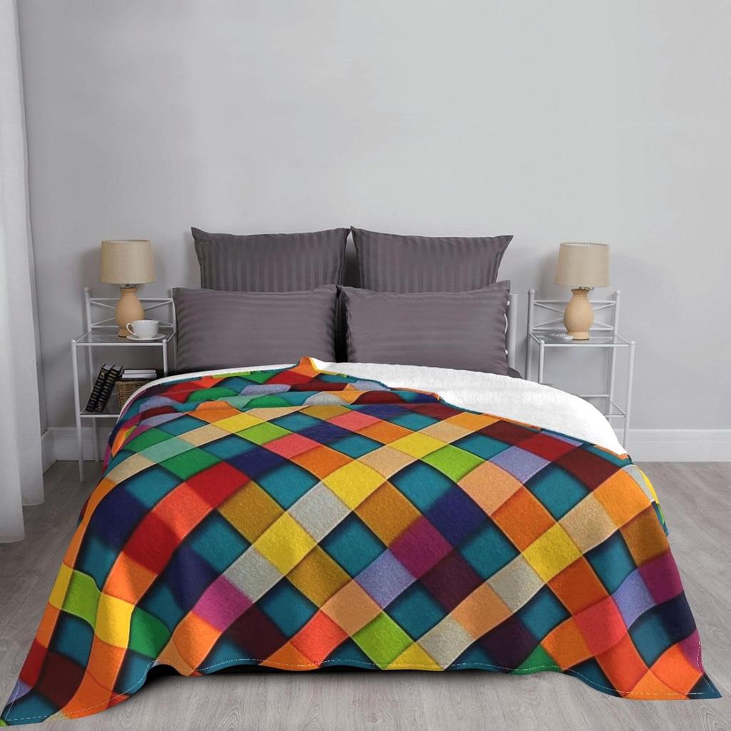 Colorful Plaid Blanket Super Soft Cozy Fleece Throw Blankets for Couch Bed Travel, Lightweight Air Conditioning Blanket Seasons