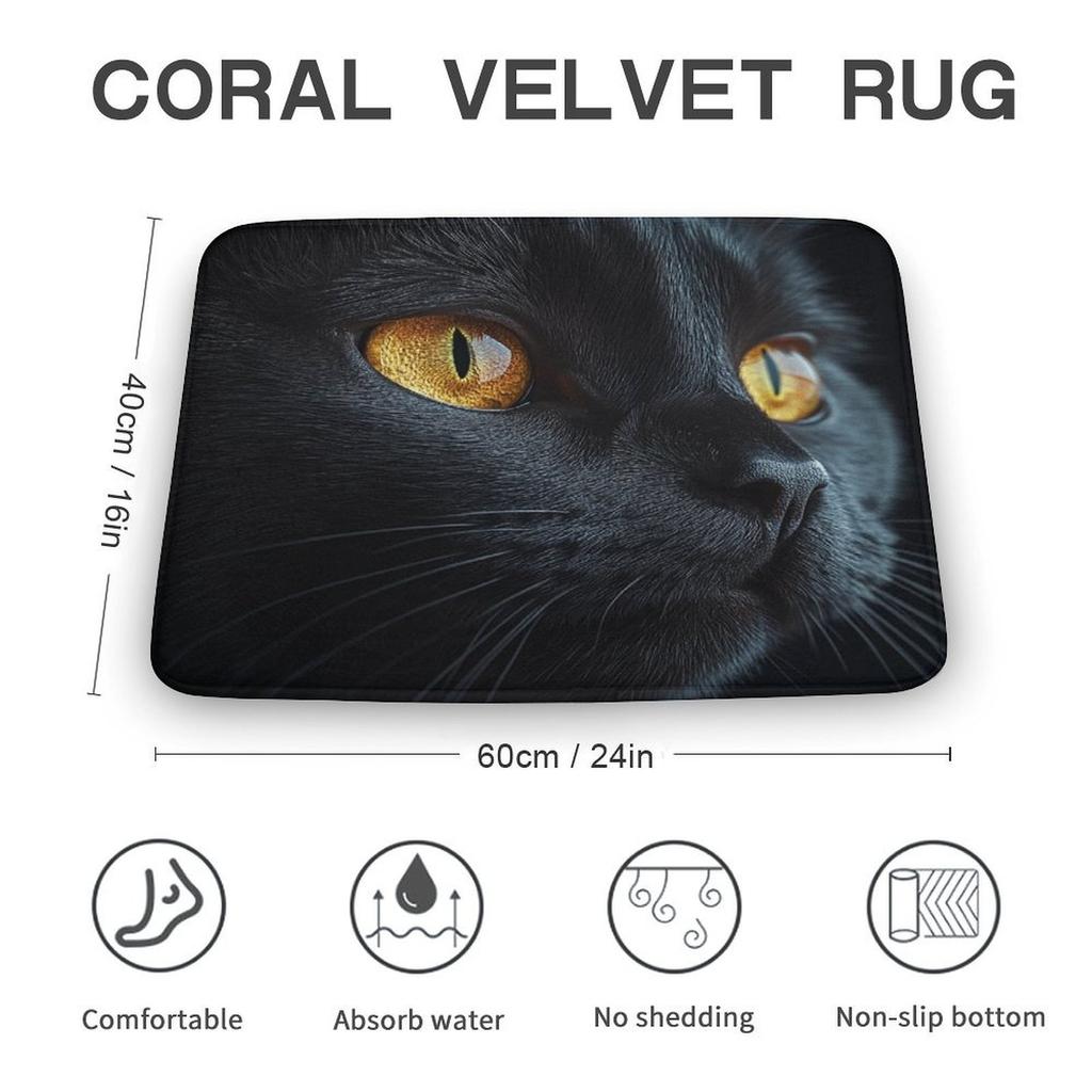 Black Cat Door Mat – Realistic Cat Eyes Design, Dramatic Pet Portrait Entryway Mat for Bathroom, Bedroom, Living Room
