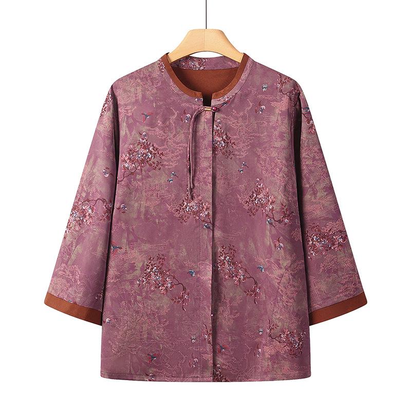 Stylish Plus Size Mid-Sleeve Shirt for Elderly Women: Spring/Summer Tang Suit Top for 70-Year-Olds