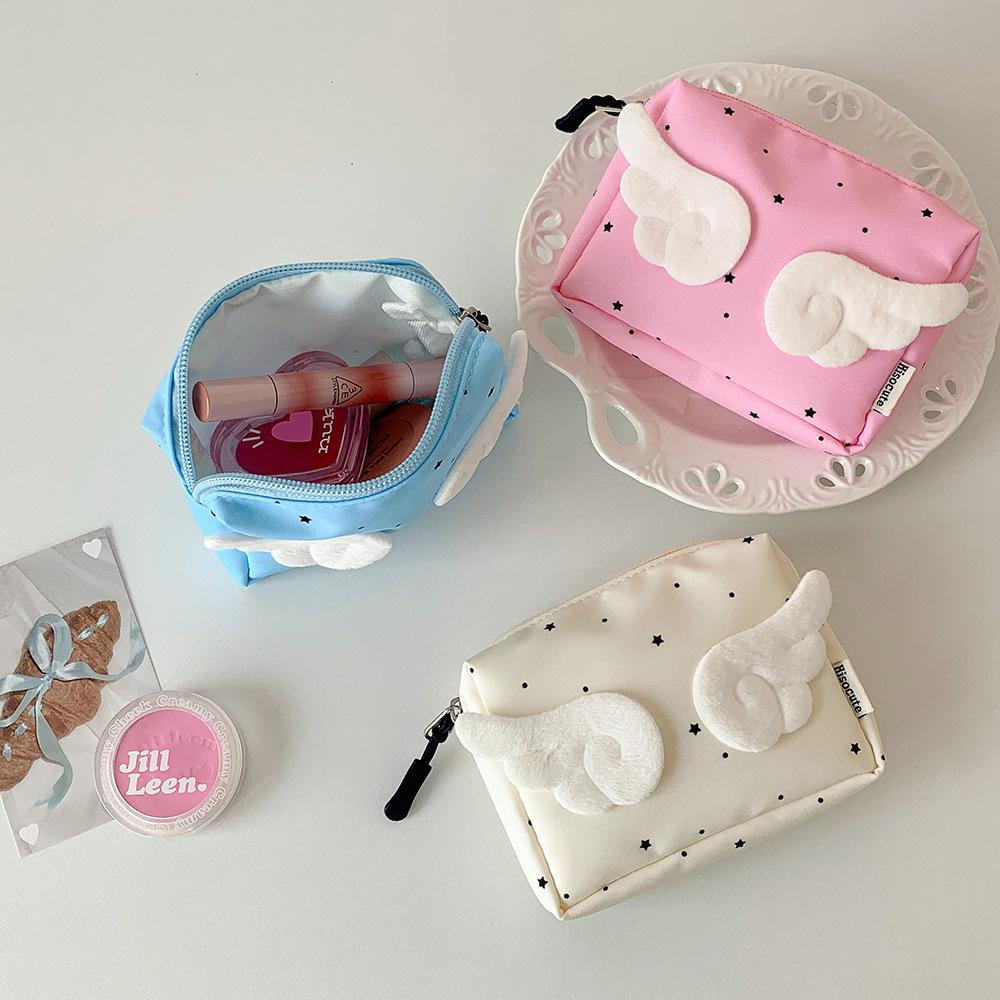 Sweet Kawaii Wings Mini Sanitary Napkin Storage Bag Multi-Layer Headphone Lipstick Organizer Holder Pouch For Makeup Jewelry