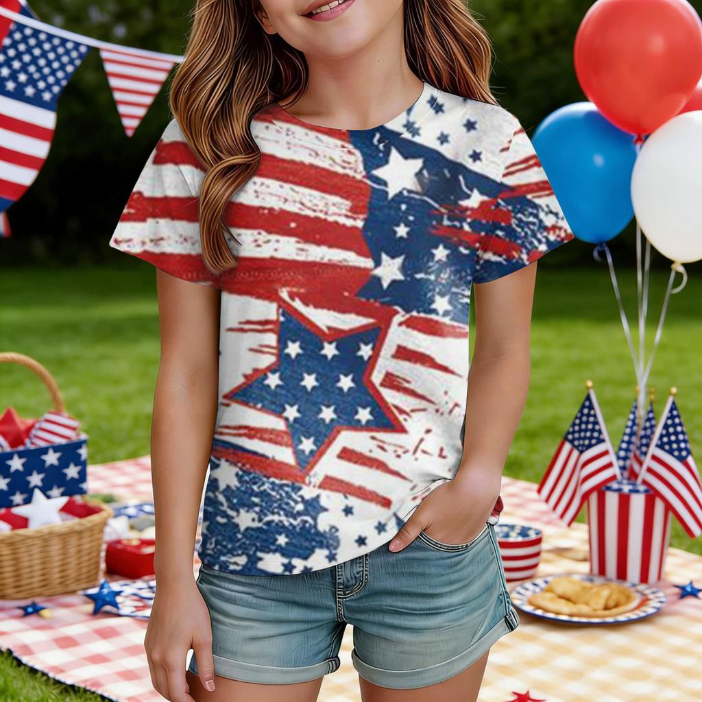 Kids Independence Day Print Round Neck Short Sleeve Casual T-shirt