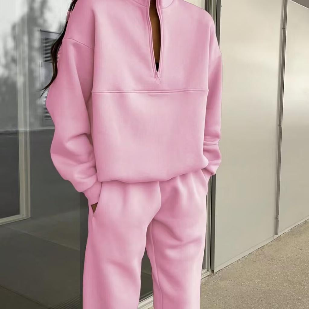 Women Fashion Sport 2-piece Set Casual Long-sleeve Half-high Lapel Zipper Hoodie Pocket Trousers Loose Suit Lady Pants Outfits