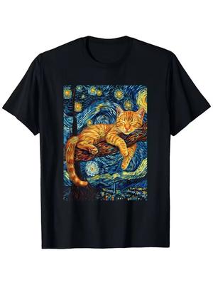 Men Women Unisex Casual T-Shirt Cat Starry Night Van Gogh Cat T-shirt for Cat Lover Cat Mom Cat Dad T-Shirt Casual Loose T-shirt
