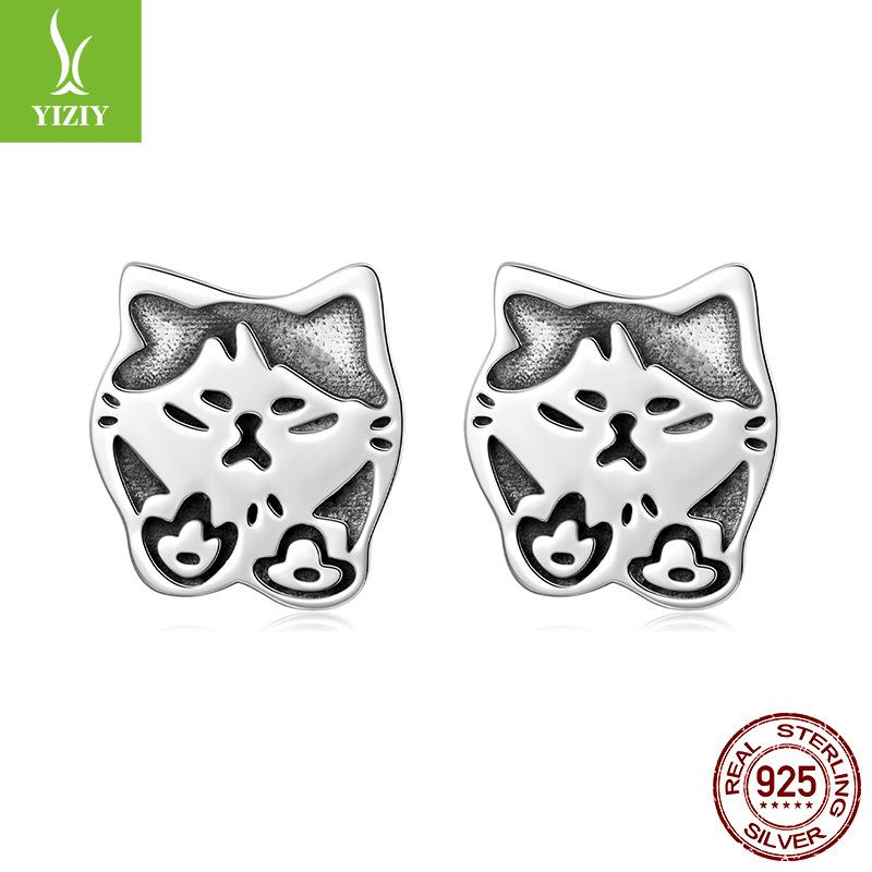 Cute Retro Graffiti Cat Stud Earrings, Pet Cat S925 Sterling Silver Whole Body Stud Earrings Jewelry