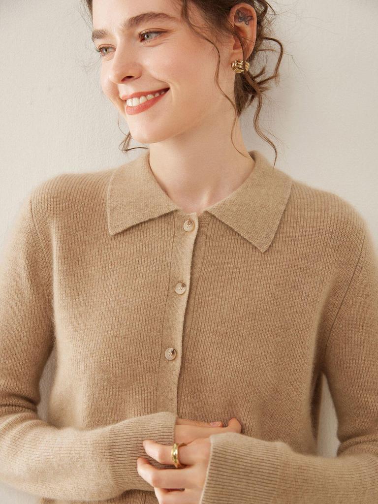 Women's Cashmere Polo Collar Knit Cardigan Sweater