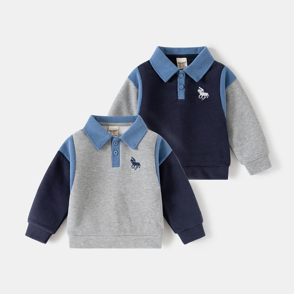 Boys Sweatshirt Jacket Spring Autumn Color Block Patchwork Long Sleeve Embroidered Collar Top for Kids