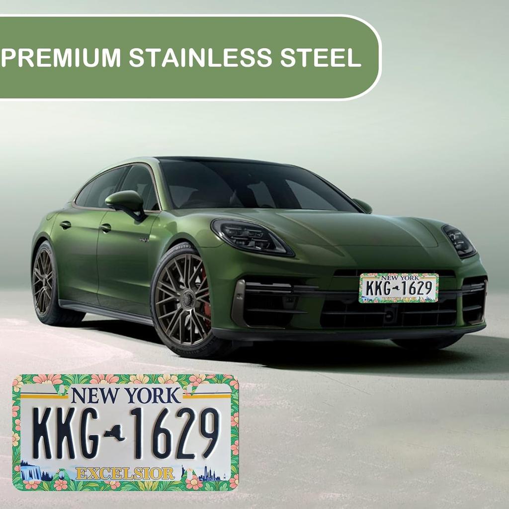 Elegant Faux Floral License Plate Frame - Unobstructed Narrow-Edge 2 Packs Universal Stainless Steel Car License Plate Frames Holder Solid Holder