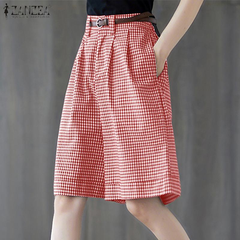 ZANZEA Women Casual Elastic High Waist Loose Plaid Print Shorts