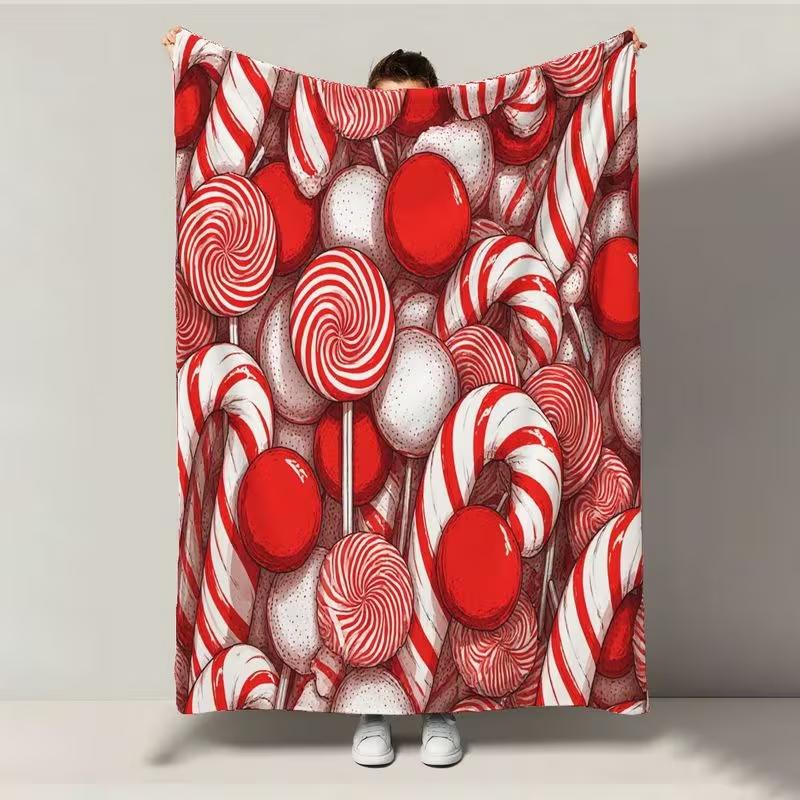 Red White Lollipop Candy Cane Full Print Christmas Throw Blanket Cozy Blanket for Sofa Bed Xmas Holiday Home Decor