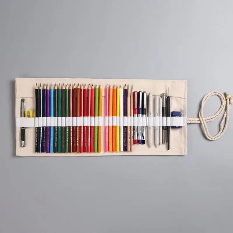12/24/36 Holes Canvas School Pencil Case Roll Up Pencil Case for Girls Boys Large Portable Pen Bag Box Stationery Pouch Supplies