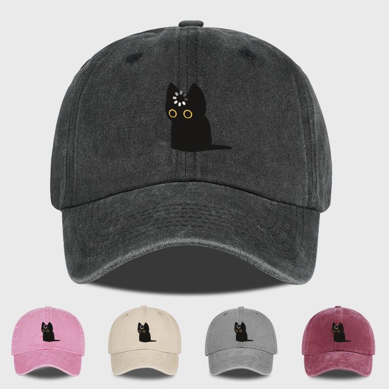 Cute Black Cat Print Washed Baseball Cap Soft Comfortable Lightweight Breathable Adjustable Adorable Healing Trendy Fashi