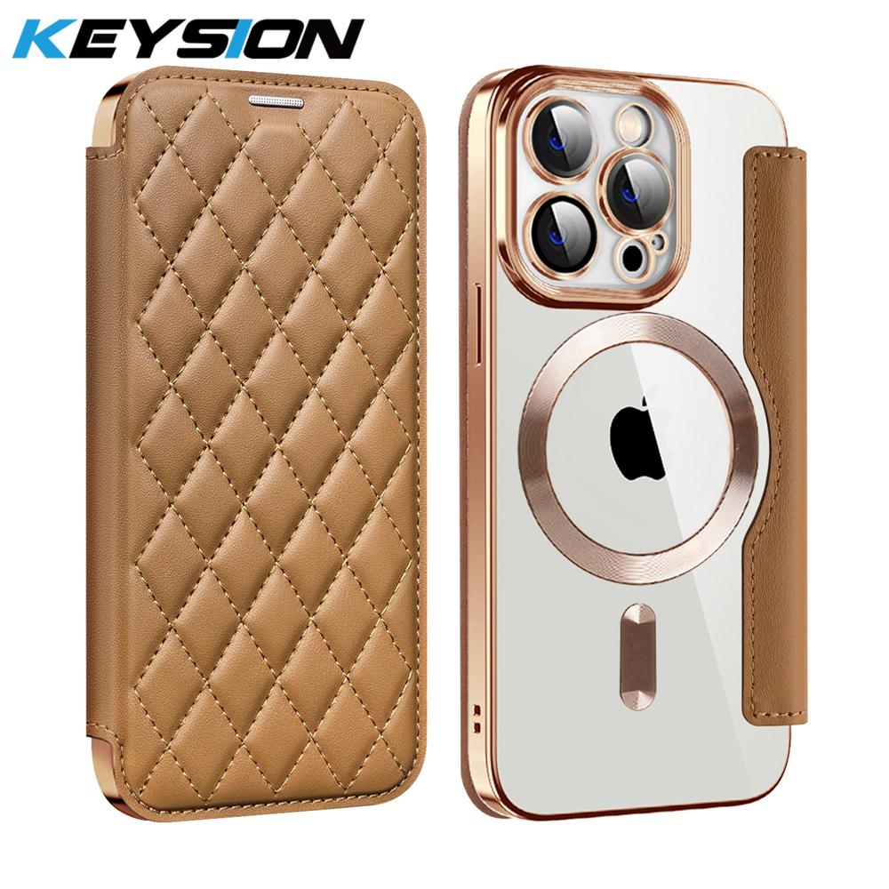 KEYSION Custodia Portafoglio a Libro in Pelle Placcata per iPhone 11 12 13 Pro Max Slot per Carte Ricarica Wireless Magnetica Cover Posteriore del Telefono