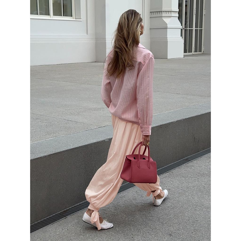 Women's Spring Summer High Waist Paper Bag Wide Leg Lantern Pants Tie Waist Loose Slimming Trousers