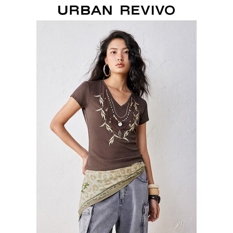 UR2026 Women s Casual Embroidered Layered Short-Sleeve V-Neck T-Shirt L