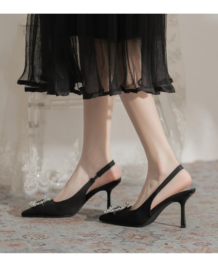 French Rear Strap Black Pointed High Heels Rhinestone Square Buckle Summer New Thin Heel Niche with Skirt Sandals Women