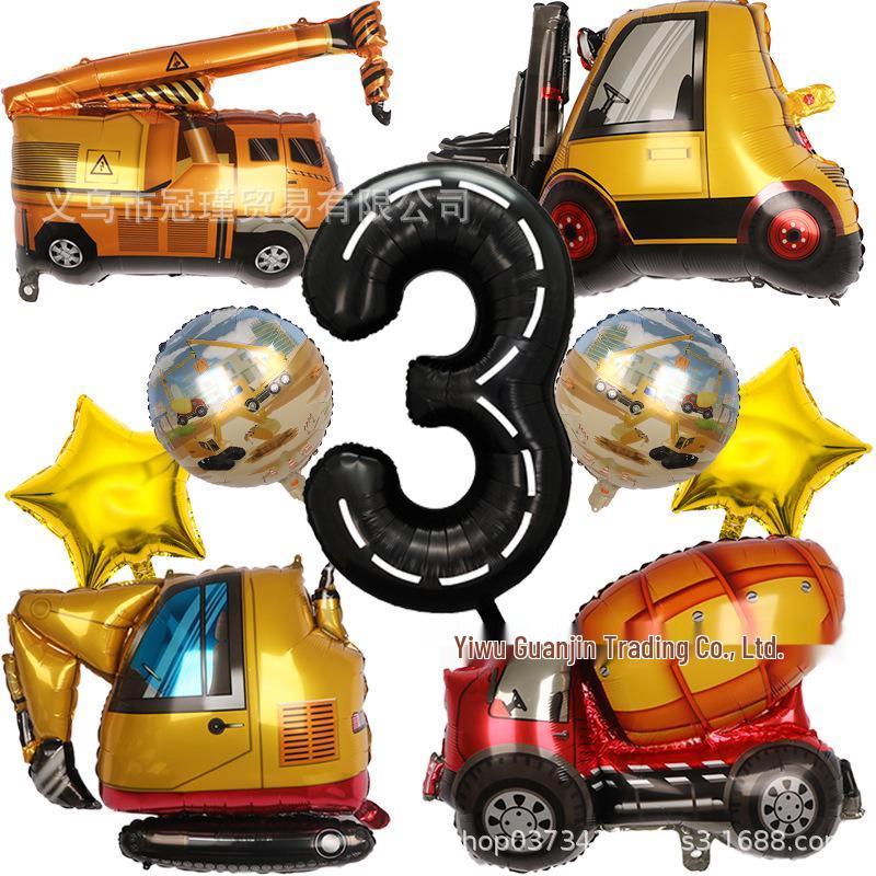 Cartoon Construction Vehicle Balloon Set: Forklift, Cement Mixer & Excavator for Kids' Birthday Decorations