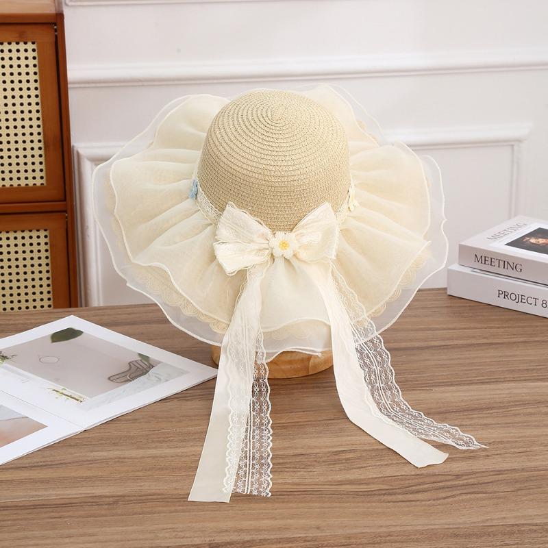 Summer Bow Sun Hat Female, Seaside Beach Vacation Sun Hat Outdoor Big Brim Sun Hat Sweet Straw Hat