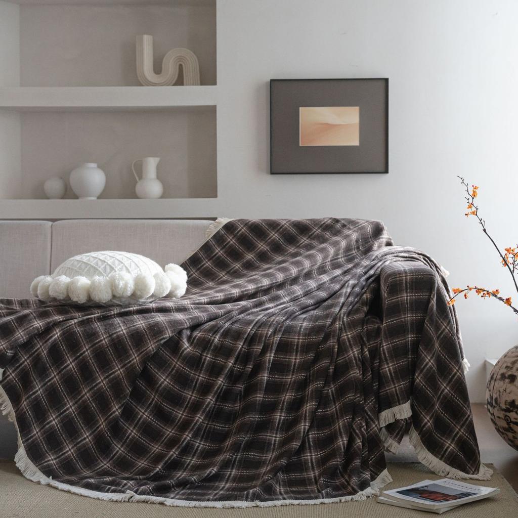 Green Plaid Tweed Fabric Sofa Throw Bedspread Window Seat Mat Table Cloth Washable Non-Slip Dust-Proof Frech Style Home Decor