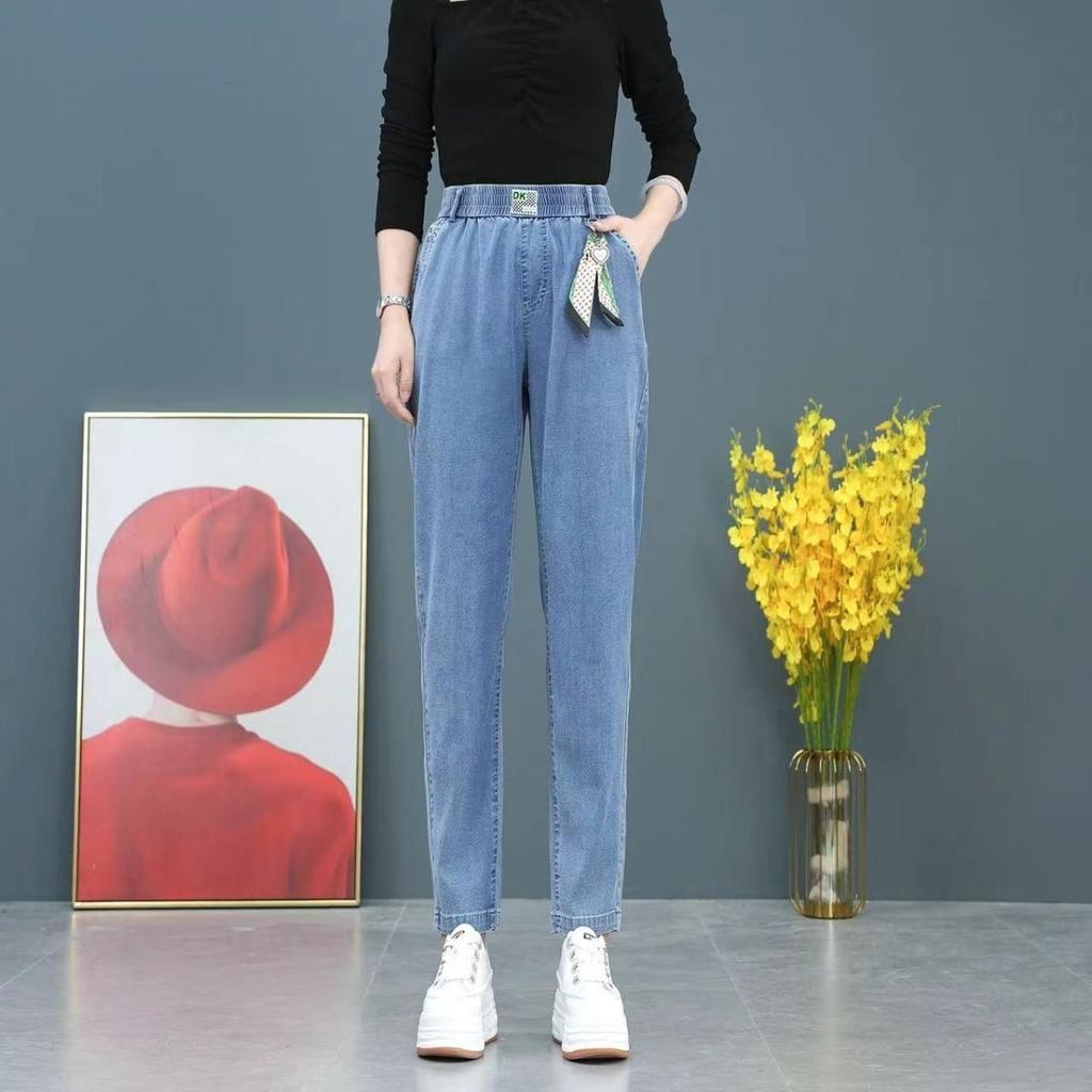 Calças jeans femininas de verão, cintura alta, soltas, de seda gelada, perna reta, calças harlan