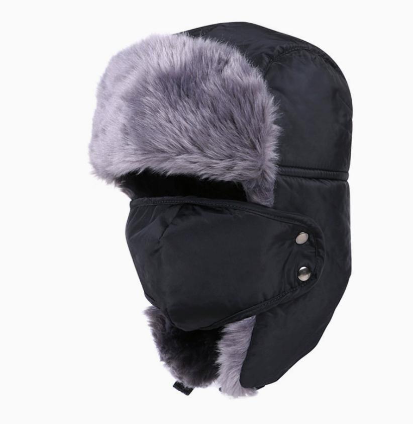 Unisex Warm Russian Troop Style Winter Aviator Bomber Hats with Fur Windproof Mask 100% Polyester Plush for Hunting Trapper
