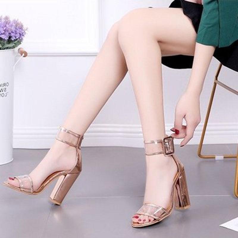 Stylish Women's Ankle Strap Sandals With Clear Chunky Block High Heels