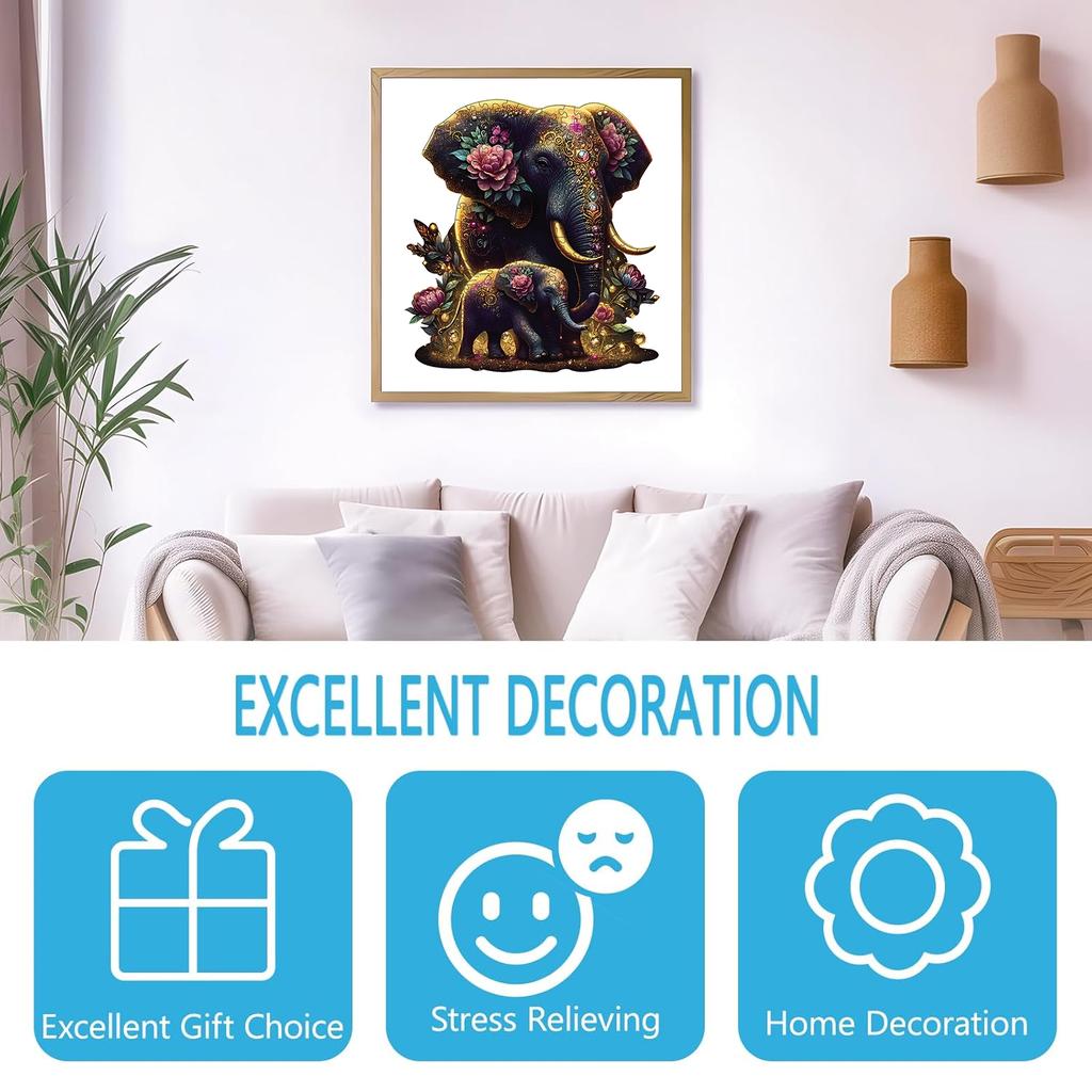 Elephant Wooden Puzzle, Unique Shaped Pieces Wooden Jigsaw Puzzles for Adults, Ghristmas Gift Family Game Home Decor