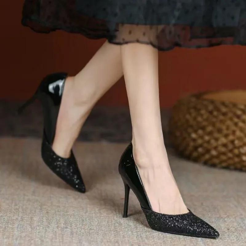 Fashion Women's Thin Heel Shoes Fall New Pointy Head Shallow Mouth Sequin A Slip-on Temperament High Heels  Pumps