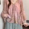 Sommer Chiffonbluse mit 3D-Druck und V-Ausschnitt für Damen